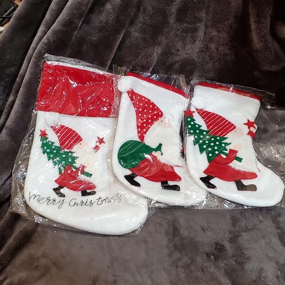Stockings for Christmas -"Merry Christmas" Set of 3 White with Red Trim and Elfs - Picture 1 of 6